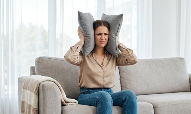 Девушка закрывает уши подушкой во время психоза